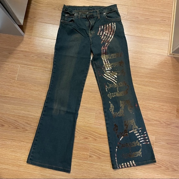AMNS Jean's Original Amnesia Y2K Dirty Wash Mid Rise Flared Jean - Picture 2 of 16